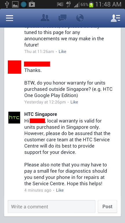 HTC One NO International Warranty